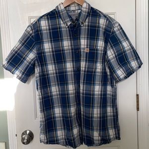 Carhartt Short Sleeve Shirt Men’s L Relaxed Fit Button Down Blue White Plaid